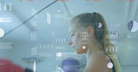 Image of data processing over caucasian woman skupping rope at gym Stock Photos