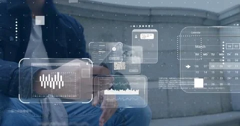 Image of data processing over caucasian man using smartphone Foto stock