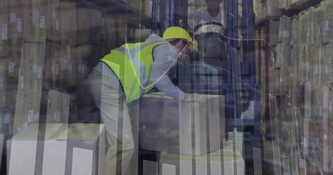 Image of data processing over caucasian male worker stacking a box on forklift Stock Photos