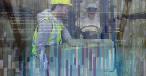 Image of data processing over caucasian male worker stacking a box on forklift Stock Photos