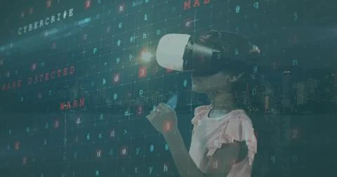Image of data processing over caucasian girl with vr headset 스톡 사진