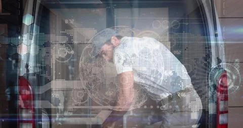Image of data processing over caucasian male delivery man unloading boxes from 写真素材