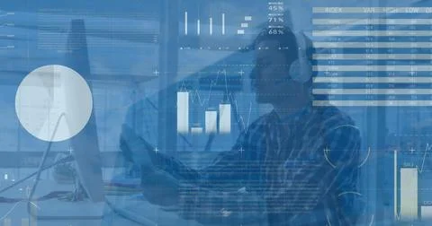 Image of data processing over caucasian man wearing headphones using computer at Stock Photos