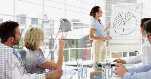 Image of data processing over caucasian businesswoman giving a presentation at Stock Photos