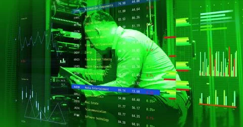 Image of data processing over caucasian male it technician by computer servers Stock Photos