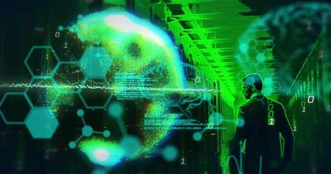 Image of data processing over caucasian man by computer servers Stock Photos