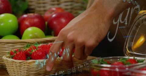 Image of data processing over caucasian man grocery shopping 스톡 사진