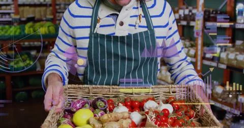 Image of data processing over caucasian man grocery shopping Stock Photos