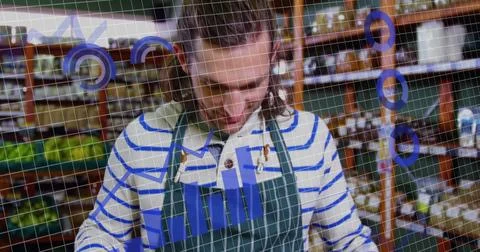 Image of data processing over caucasian man grocery shopping Stock Photos