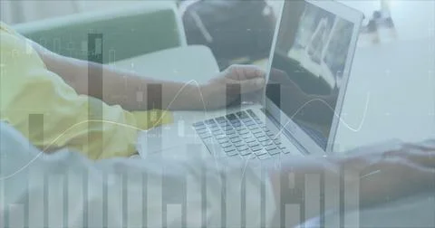 Image of data processing over caucasian man using laptop Stock Photos