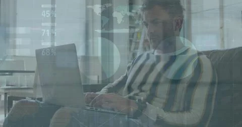 Image of data processing over caucasian man using laptop Foto stock
