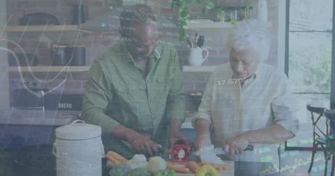 Image of data processing over caucasian senior couple cooking Fotos Stock