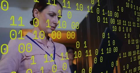 Image of data processing over caucasian businesswoman using laptop in server Foto stock