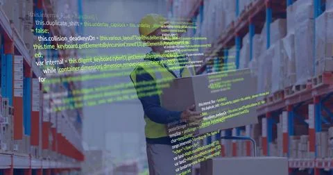 Image of data processing over caucasian man working in warehouse 스톡 사진