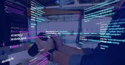 Image of data processing over caucasian businessman using computer in office Foto stock