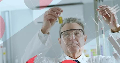 Image of data processing over caucasian male scientist in laboratory Photos