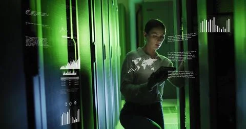 Image of data processing over caucasian female worker using tablet in server 스톡 사진