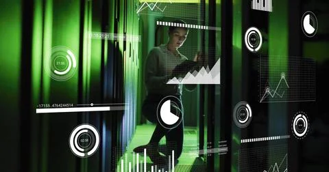 Image of data processing over caucasian female worker using tablet in server 스톡 사진