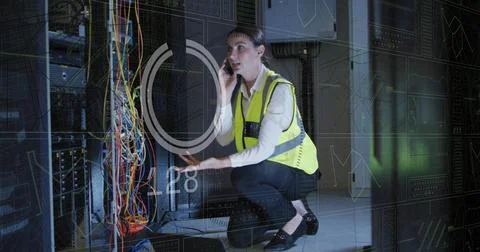 Image of data processing over caucasian female it technician with laptop over Photos