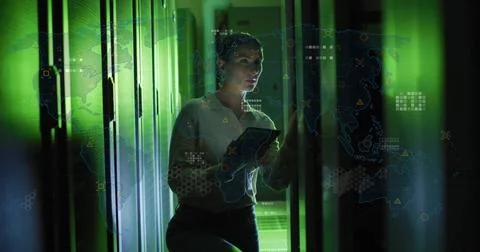 Image of data processing over caucasian female it technician with tablet over 스톡 사진