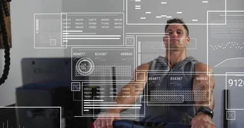 Image of data processing over caucasian man using indoor rower at gym 스톡 사진