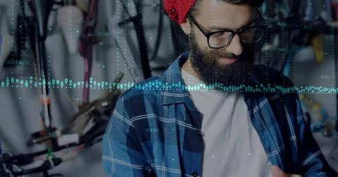 Image of data processing over caucasian man using tablet Foto stock