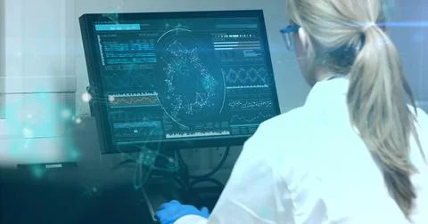 Image of data processing over caucasian female scientist using computer in Stock Photos