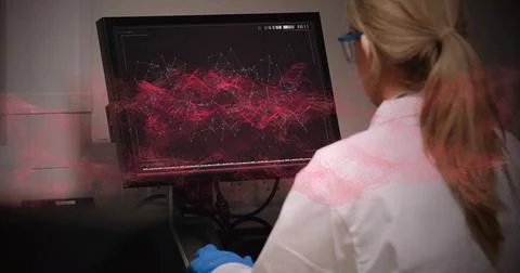 Image of data processing over caucasian female scientist using computer in Foto stock