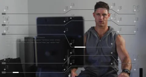 Image of data processing over caucasian man using indoor rower at gym Stock Photos