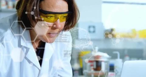 Image of data processing over caucasian female scientist in lab Photos