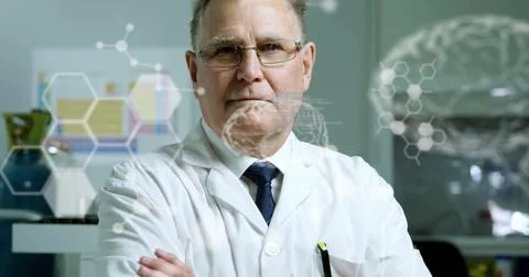 Image of data processing over caucasian male scientist in lab Stock Photos