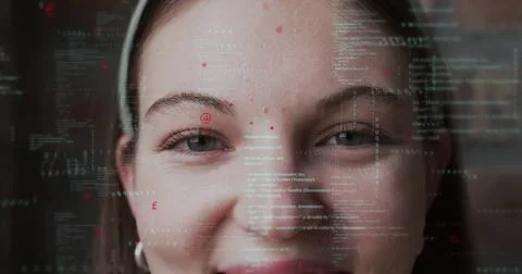 Image of data processing over caucasian woman smiling Photos