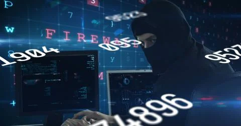 Image of data processing over caucasian hacker using computer Foto stock
