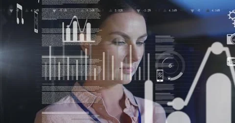 Image of data processing over caucasian female it engineer with tablet by 스톡 사진