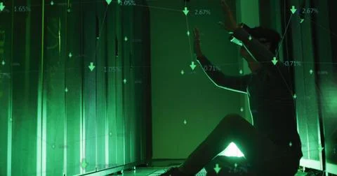 Image of data processing over caucasian female it engineer with vr headset by Foto stock