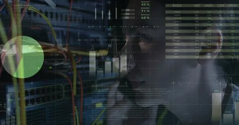 Image of data processing over caucasian female it engineer with smartphone by 스톡 사진