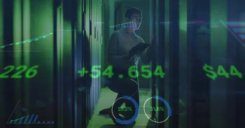 Image of data processing over caucasian female it engineer with tablet by 스톡 사진