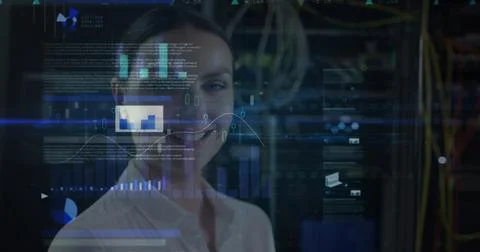 Image of data processing over caucasian female it engineer with laptop by 스톡 사진