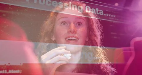 Image of data processing over caucasian woman eating popcorn in cinema Stock Photos