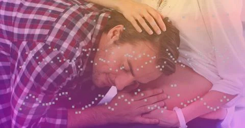 Image of data processing over caucasian man listening to pregnant woman belly 库存照片