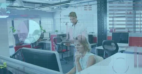 Image of data processing over caucasian business people using computer Stock Photos