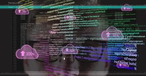Image of data processing over caucasian man and clouds icons Stock Photos