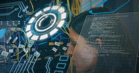 Image of data processing over caucasian woman inspecting server room 스톡 사진