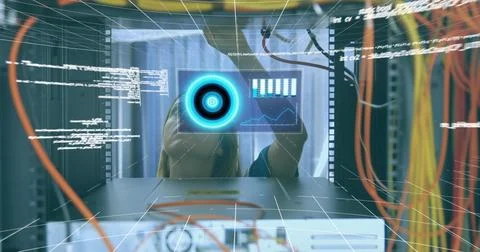 Image of data processing over caucasian woman inspecting server room 写真素材