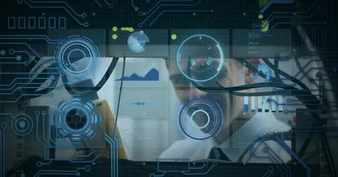 Image of data processing over caucasian man inspecting server room Foto stock