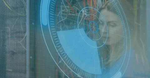 Image of data processing over caucasian woman inspecting server room 写真素材