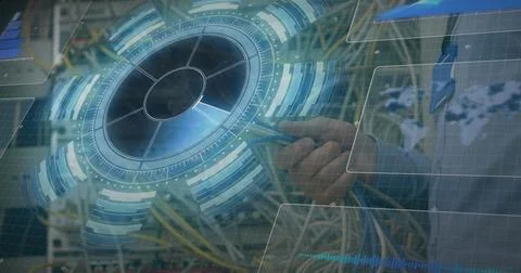 Image of data processing over caucasian man inspecting server room Stock Photos