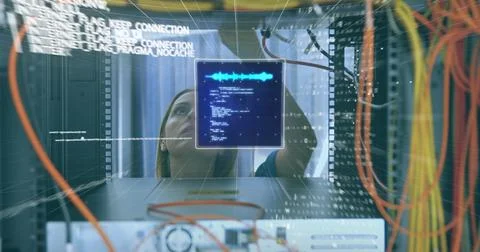 Image of data processing over caucasian female engineer connecting computer Stock Photos