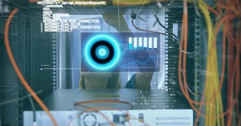 Image of data processing over caucasian female engineer connecting computer 스톡 사진