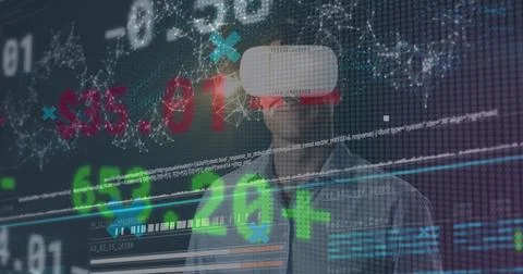Image of data processing over caucasian man with vr headset Stock Photos